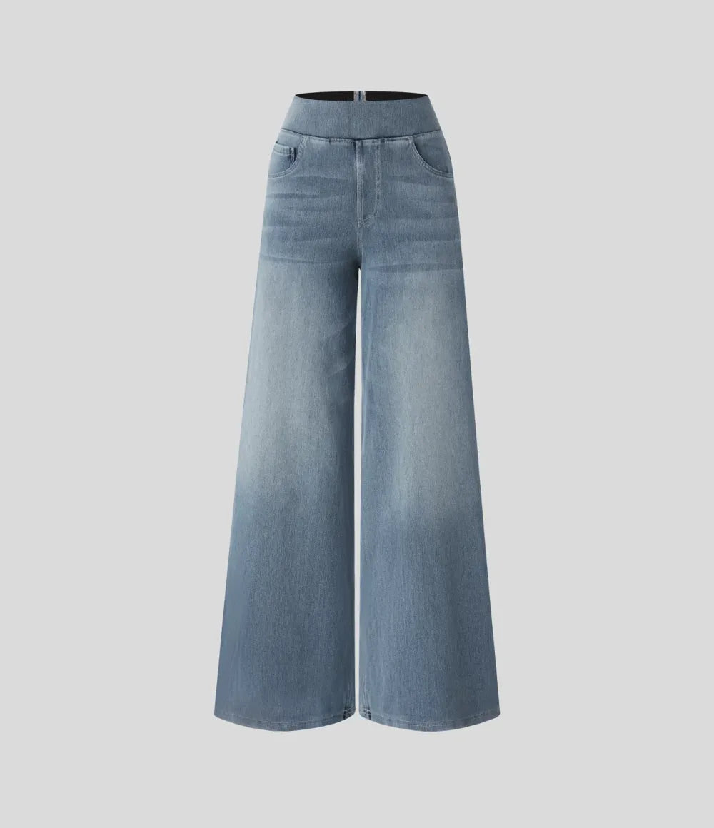 💝Last Day Promotion⚡High Waisted Multiple Pockets Baggy Wide Leg Washed Stretchy Knit Casual Jeans