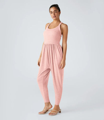 💝Last day promotion-⏰Backless Twisted U Neck Side Pocket Harem Casual Jumpsuit-Easy Peezy Edition
