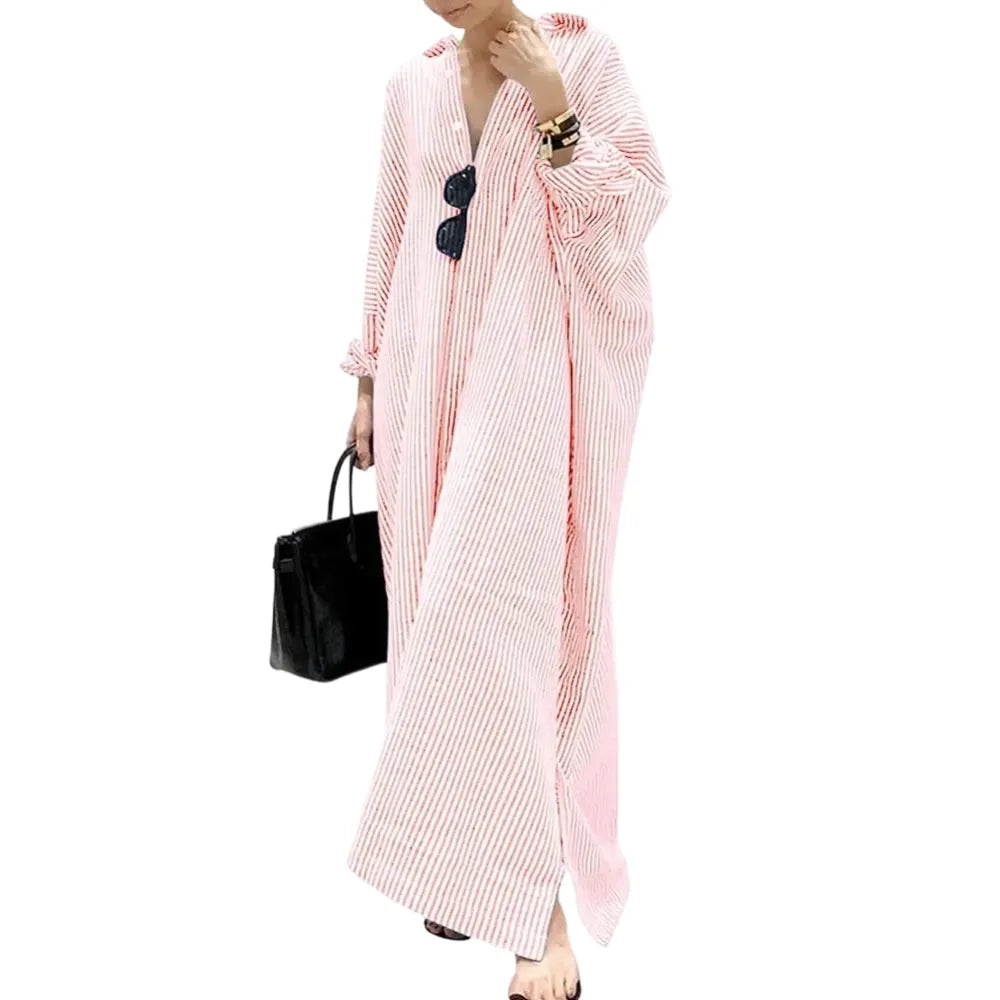 Women's Casual Long Sleeve Button Down Loose Striped Cotton Maxi Shirt Dress
