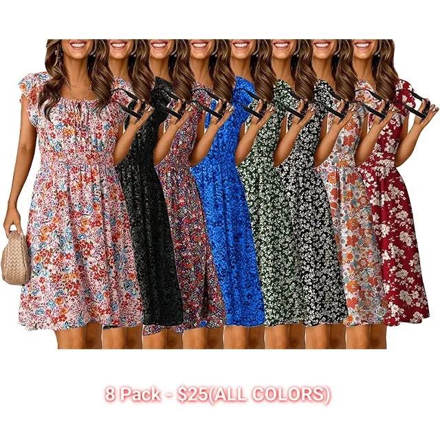 🔥2025 CRAZY DEAL🔥Summer Dresses for Women 2025 Boho Ruffle Sleeve Smocked Mini Dress