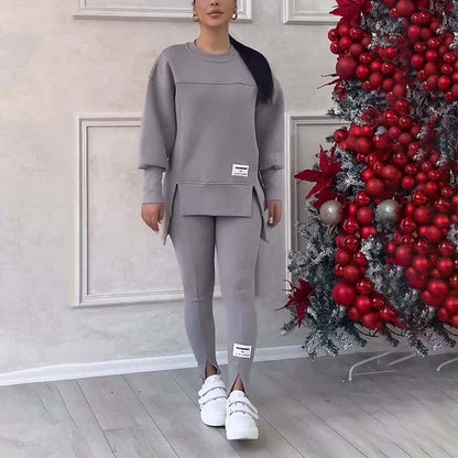 🎉Christmas Deals🎉Women's Casual Solid Color Round Neck Long Sleeve Slit Hem Sweatshirt Leggings Set