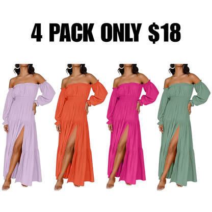Women's Boho Off Shoulder Long Sleeve High Waist Side Split Long Maxi Dress