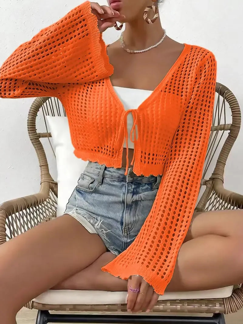 Women's Plain Hollow Out Tie Front Crop Cardigan