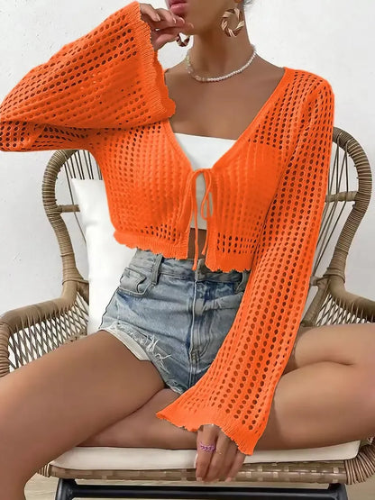 Women's Plain Hollow Out Tie Front Crop Cardigan