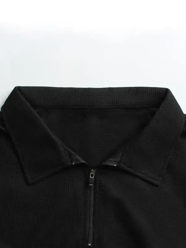 Men's Solid Textured Long Sleeve Polo Shirt & Drawstring Waist Pants Set