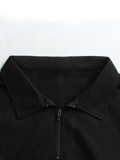 Men's Solid Textured Long Sleeve Polo Shirt & Drawstring Waist Pants Set