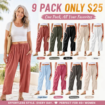 Women's Linen Wide Leg Pants Casual Loose Drawstring Low Waist with Pockets