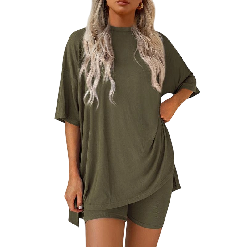 Women's Casual Oversized Crewneck Split Hem Shirts & Side Pocket Shorts Set