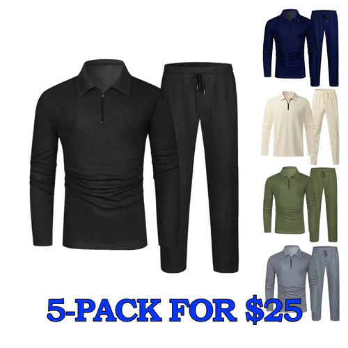 Men's Solid Textured Long Sleeve Polo Shirt & Drawstring Waist Pants Set