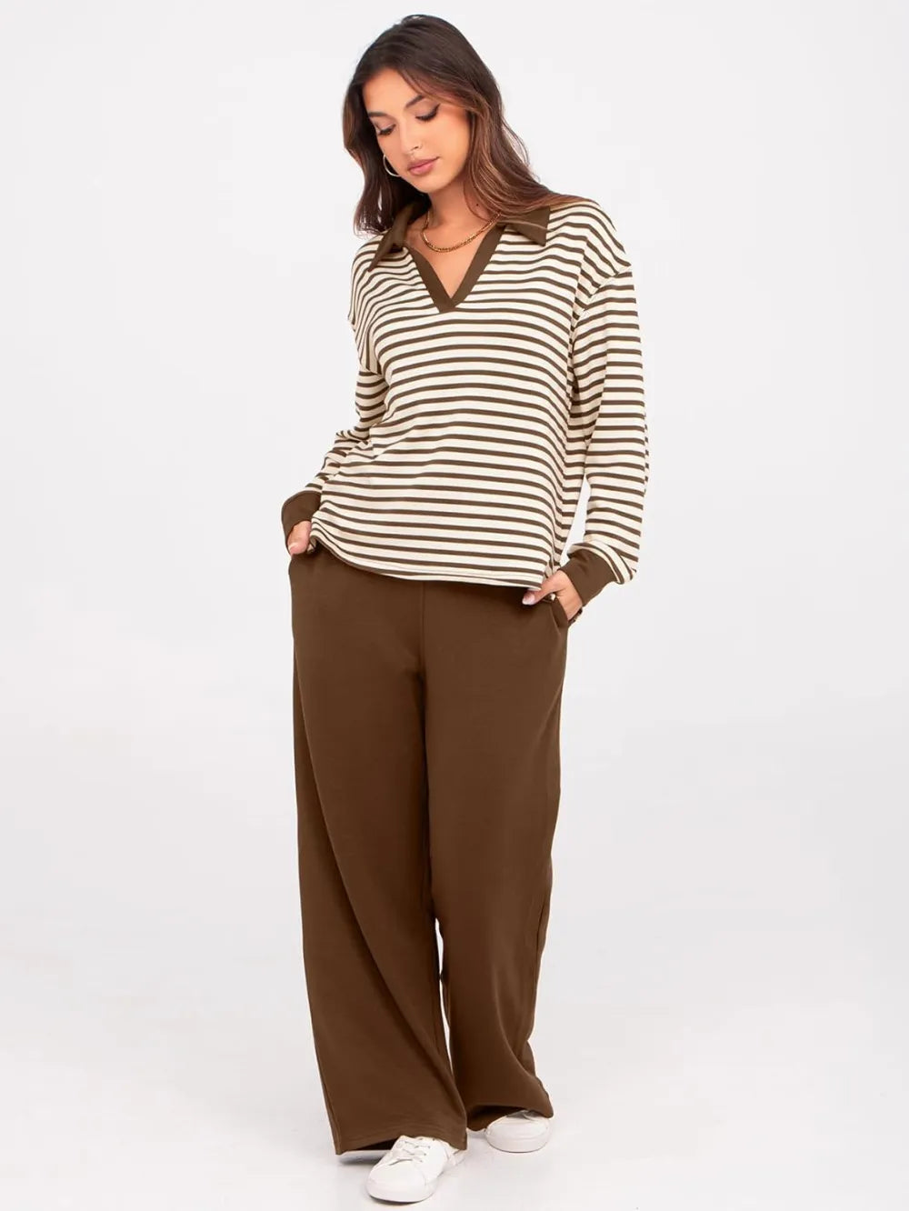 Women's 2 Piece Sets Outfits Casual Long Sleeve Sweatsuits Polo Top and Wide Leg Pants Matching Sets