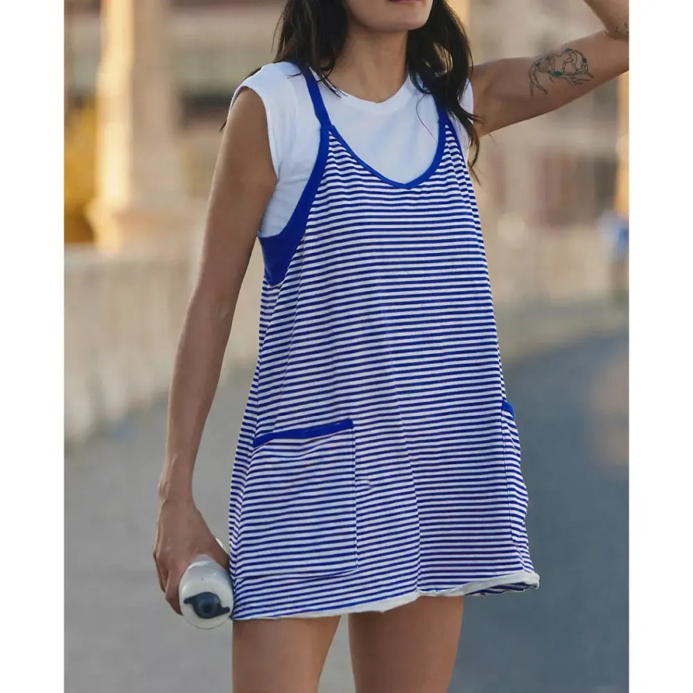 Women's Summer Sleeveless 4th Of July Striped Mini Dress with Built-in Shorts V Neck Spaghetti Straps Athletic Shorts Tennis Dress with Pockets