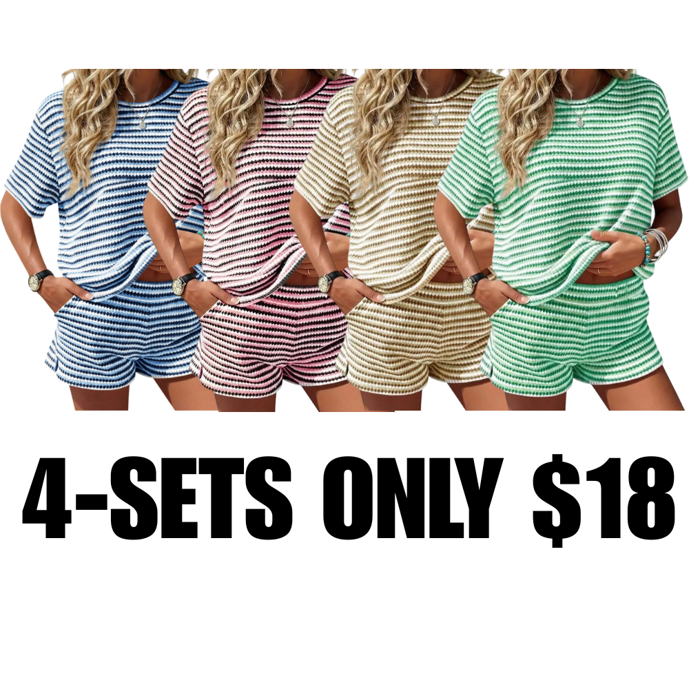 Women's  Striped 2 Piece Outfits Short Sleeve Shirts Tops Knit Shorts Sets
