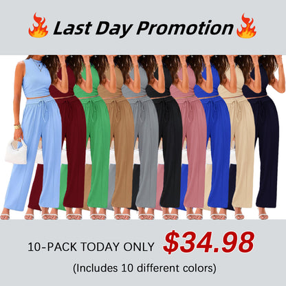 Women Summer 2 Piece Outfits Ribbed Knit Cropped Top Elastic Waist Wide Leg Pants Lounge Set