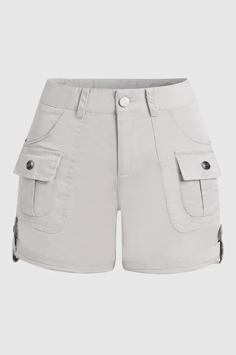 Flap Pocket Roll Tab Hem Mid Waist Shorts