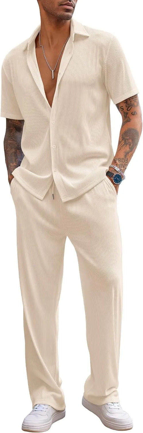 Men's 2 Piece Outfit Casual Short Sleeve Button Down Shirt Beach Summer Loose Pant Sets