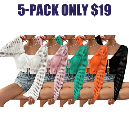 Women's Plain Hollow Out Tie Front Crop Cardigan