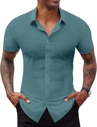Men's Short Sleeve Stretch Slim Fit Casual Button Down Shirts