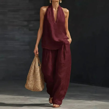 Women's Boho Linen Two Piece Set Halter Neck Sleeveless Top & Wide Leg Pants Beach Vacation Brunch Casual Outfit