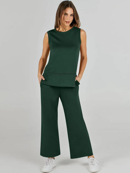 Women's 2 Piece Sets Summer Outfits Sleeveless Wide Leg Tracksuits Casual Sweat Sets Lounge Sweatsuits