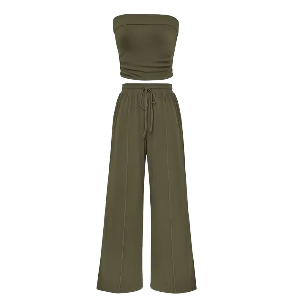 Women's Summer Outfits 2 Piece Sets Casual Ribbed Knit Crop Top & Wide Leg Pants