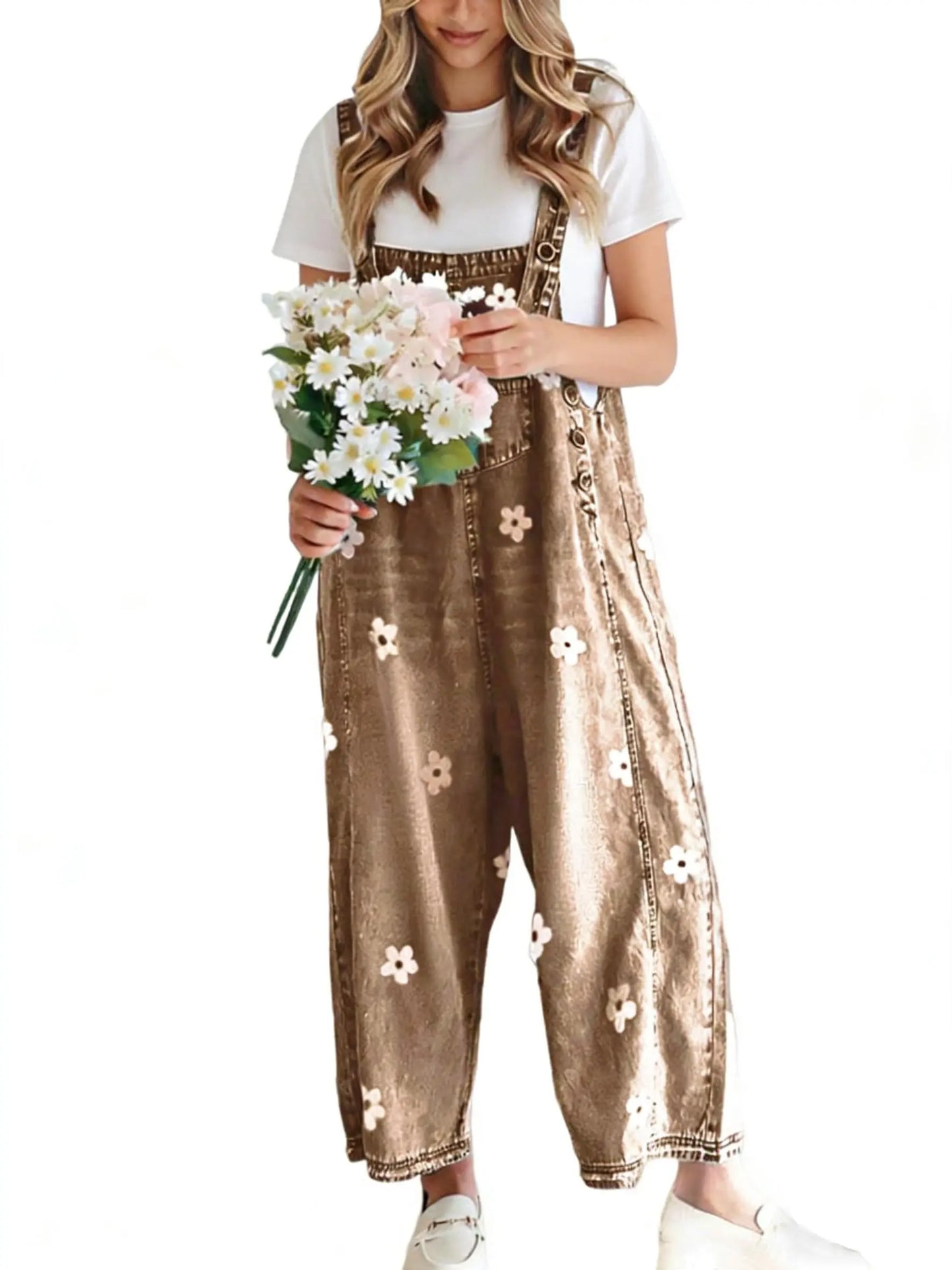 🔥Flash Sale🔥Women's Floral Printed Adjustable Strap Denim Bib Overall - Cute Chic Wide Leg Baggy Jeans Jumpsuit, Versatile Clothes for Matching Shirts