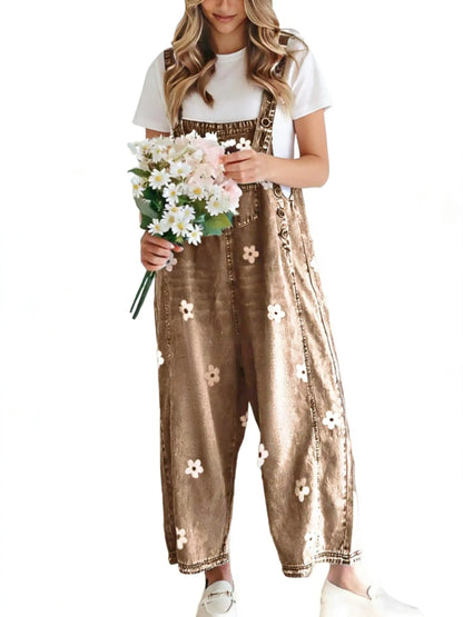 🔥Flash Sale🔥Women's Floral Printed Adjustable Strap Denim Bib Overall - Cute Chic Wide Leg Baggy Jeans Jumpsuit, Versatile Clothes for Matching Shirts