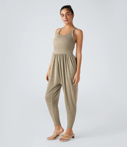 💝Last day promotion-⏰Backless Twisted U Neck Side Pocket Harem Casual Jumpsuit-Easy Peezy Edition