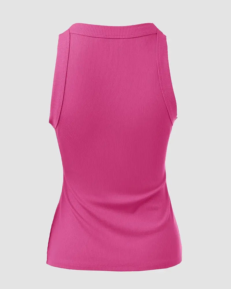 O-Neck Knit Sleeveless Basic Slim Fit Tummy Control Tank Casual Top(Without Pads)