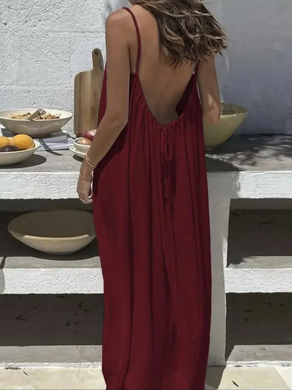 Women's Cotton Linen Backless Loose Dress