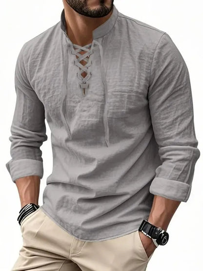 Men's Linen Casual Long Sleeve Polo Shirt