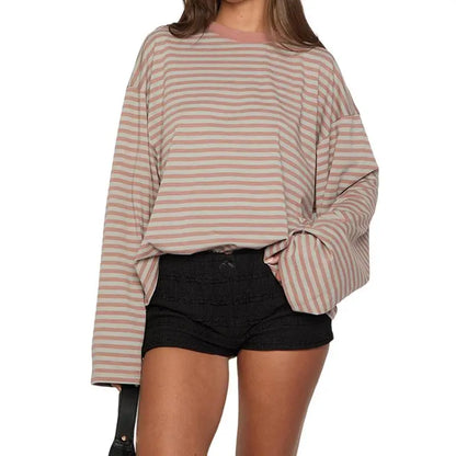 Women Long Sleeve Crew Neck Loose Striped T Shirt