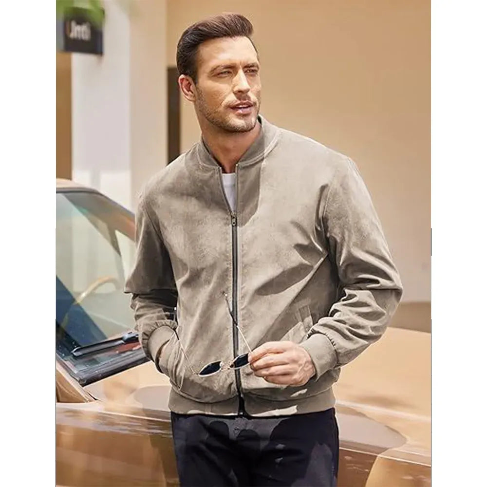 Men’s Classic Thin Casual Jacket: Stretchy Faux Suede (Lightweight, Retro, Soft)