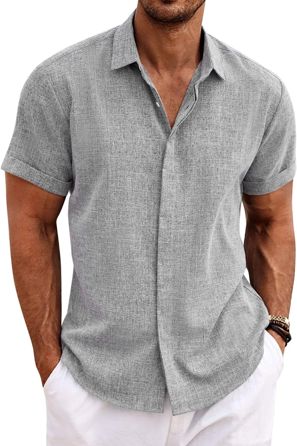 Men's Linen Shirts Short Sleeve Casual Shirts Button Down Shirt for Men Beach Summer Wedding Shirt
