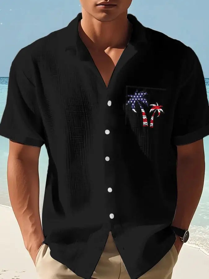 Men's Casual Flag Independence Day Coconut Tree Print Waffle Men's Shirt
