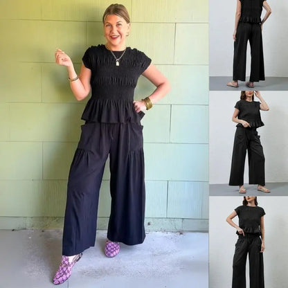 ✨Women’s 2-Piece Smocked Top & Wide-Leg Pants Casual Boho Matching Set🔥