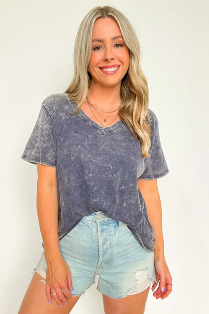 Soliel Acid Wash V-Neck Relaxed Fit Top - BACK IN STOCK