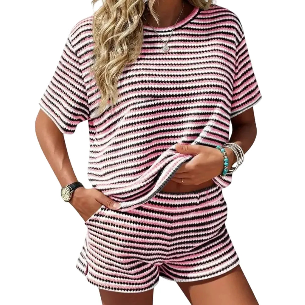 Women's  Striped 2 Piece Outfits Short Sleeve Shirts Tops Knit Shorts Sets