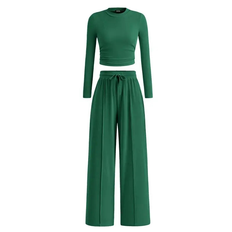 ✨2-Piece Ribbed Knit Long Sleeve Crop Top Wide Leg Pants Lounge Set🔥