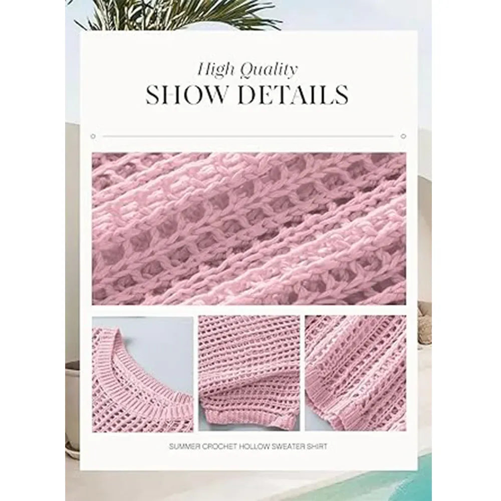 🔥Last day promotion🔥Women's Scoop Neck Crochet Knit Short Sleeve Sweater Top