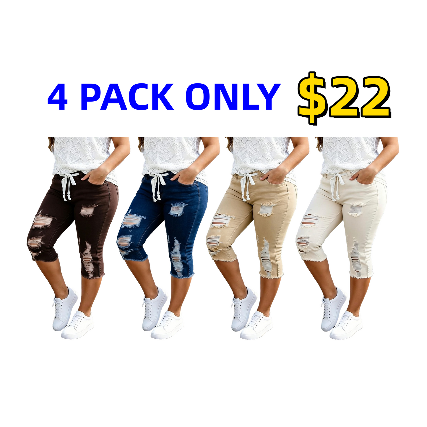 Stylish Distressed & Ripped Capri Jeans — Plus-Size Women's Casual High-Waisted Drawstring Denim Shorts