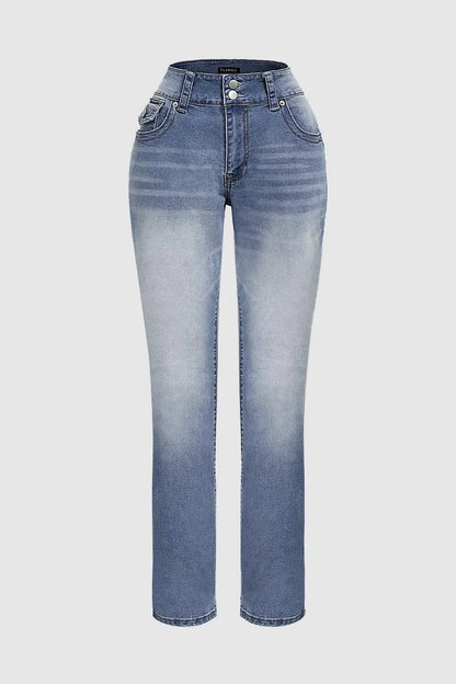 Double Button Mid Waist Straight Leg Jeans