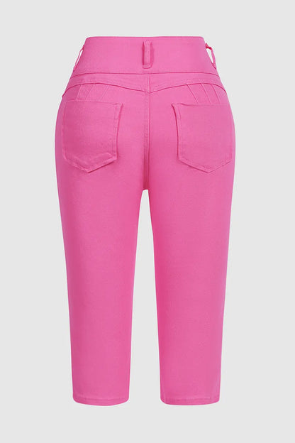 Solid Cut Out Waist Skinny High Waist Capri Jeans