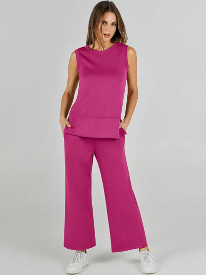 Women's 2 Piece Sets Summer Outfits Sleeveless Wide Leg Tracksuits Casual Sweat Sets Lounge Sweatsuits