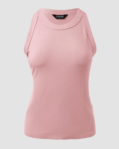 O-Neck Knit Sleeveless Basic Slim Fit Tummy Control Tank Casual Top(Without Pads)