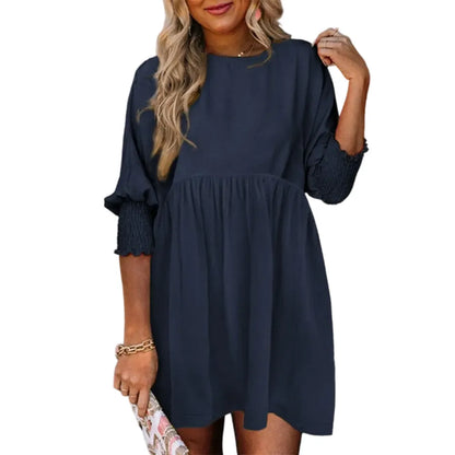 Women's Black Crew Neck Short Sleeve Flowy Swing Mini Tunic Dress