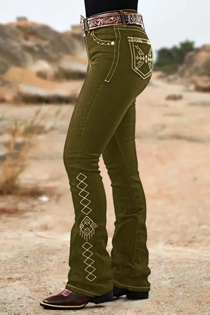 Wash Geo Embroidery Rhinestone Decor Mid Rise Bootcut Jeans Without Belt