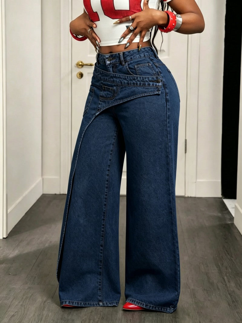 🔥MID YEAR SALE🔥Women's Loose-Fitting Trendy Asymmetrical Design Casual Denim Long Pants