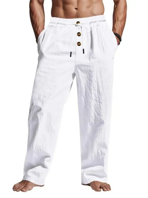 Men's Solid Button Design Linen Pants