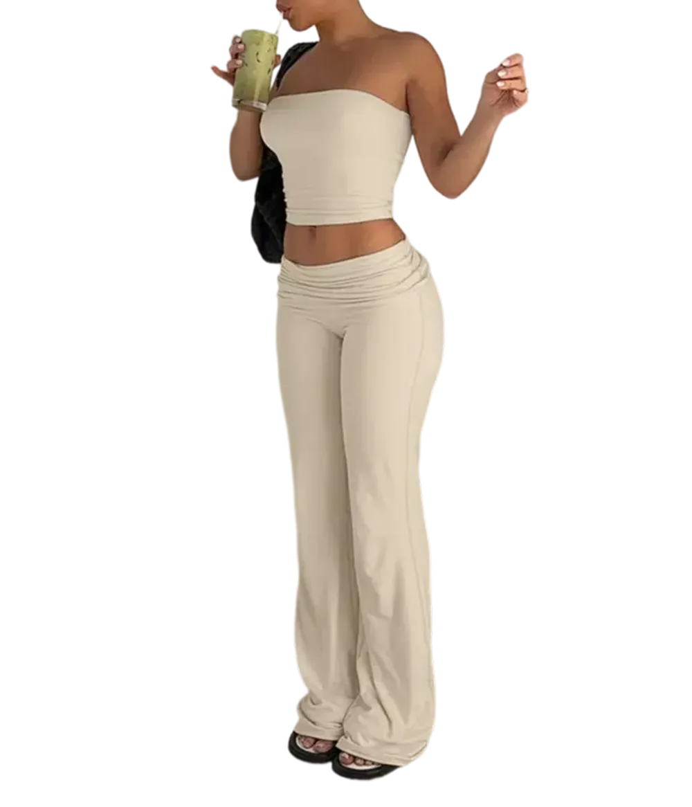 A two-piece set consisting of a cropped bandeau top and wide-leg pants.