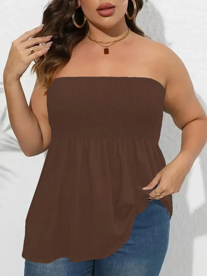 Plus Size Solid Ruffle Hem Shirred Tube Top